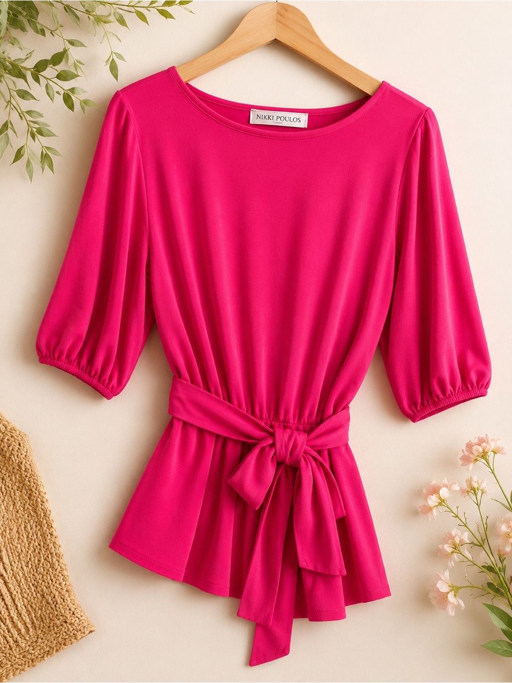 Nikki Poulos Hot Pink Belted Waist Split Sleeve Blouse Top Women’s S